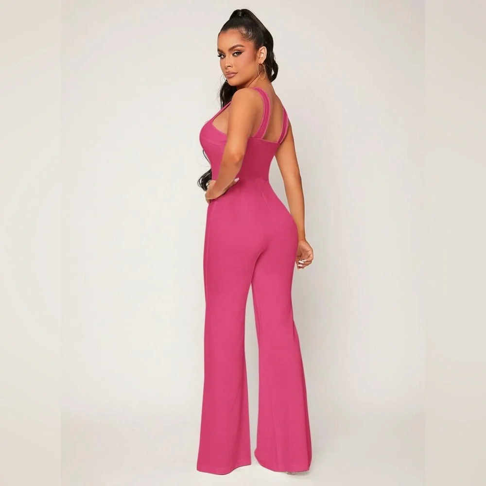 Shein Fuchsia Hot Pink‎ Slit Hem Flare Legged Stretch Sexy Jumpsuit Large 8 10